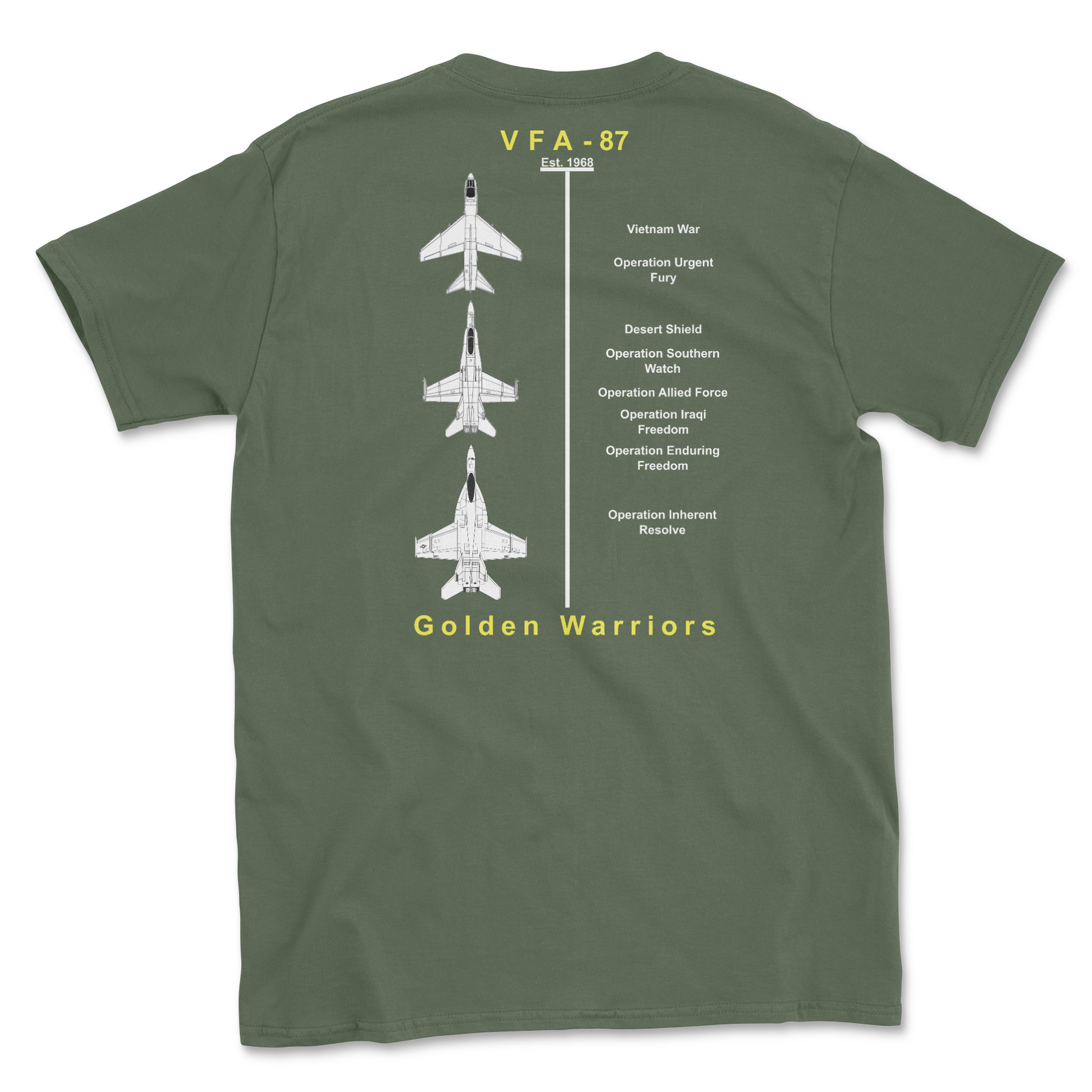 Military green t-shirt with squadron aircraft and supported combat.