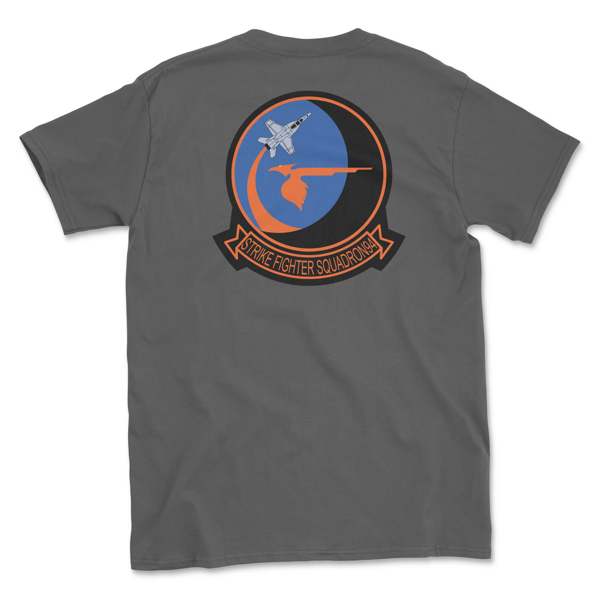 Charcoal t-shirt with squadron patch.