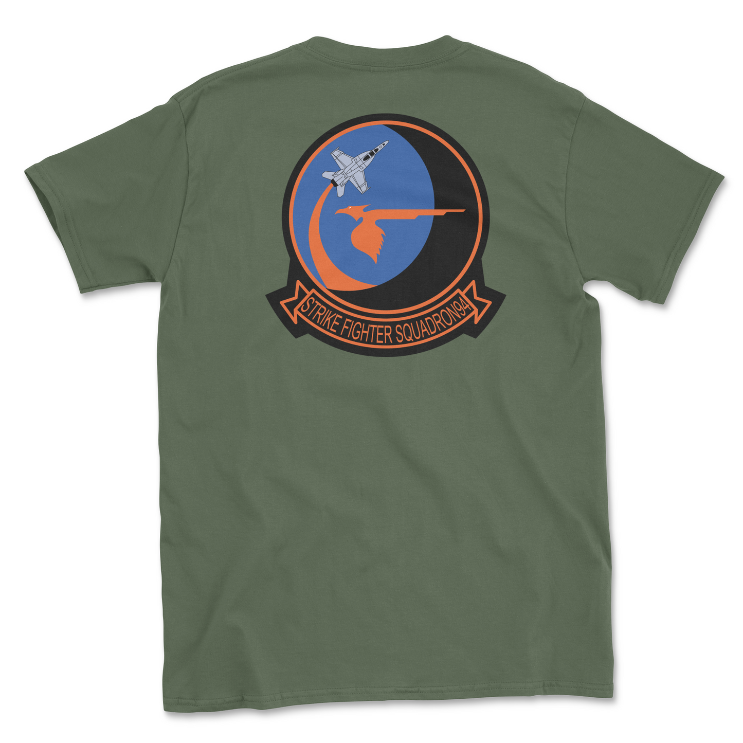 Military green t-shirt with squadron patch.