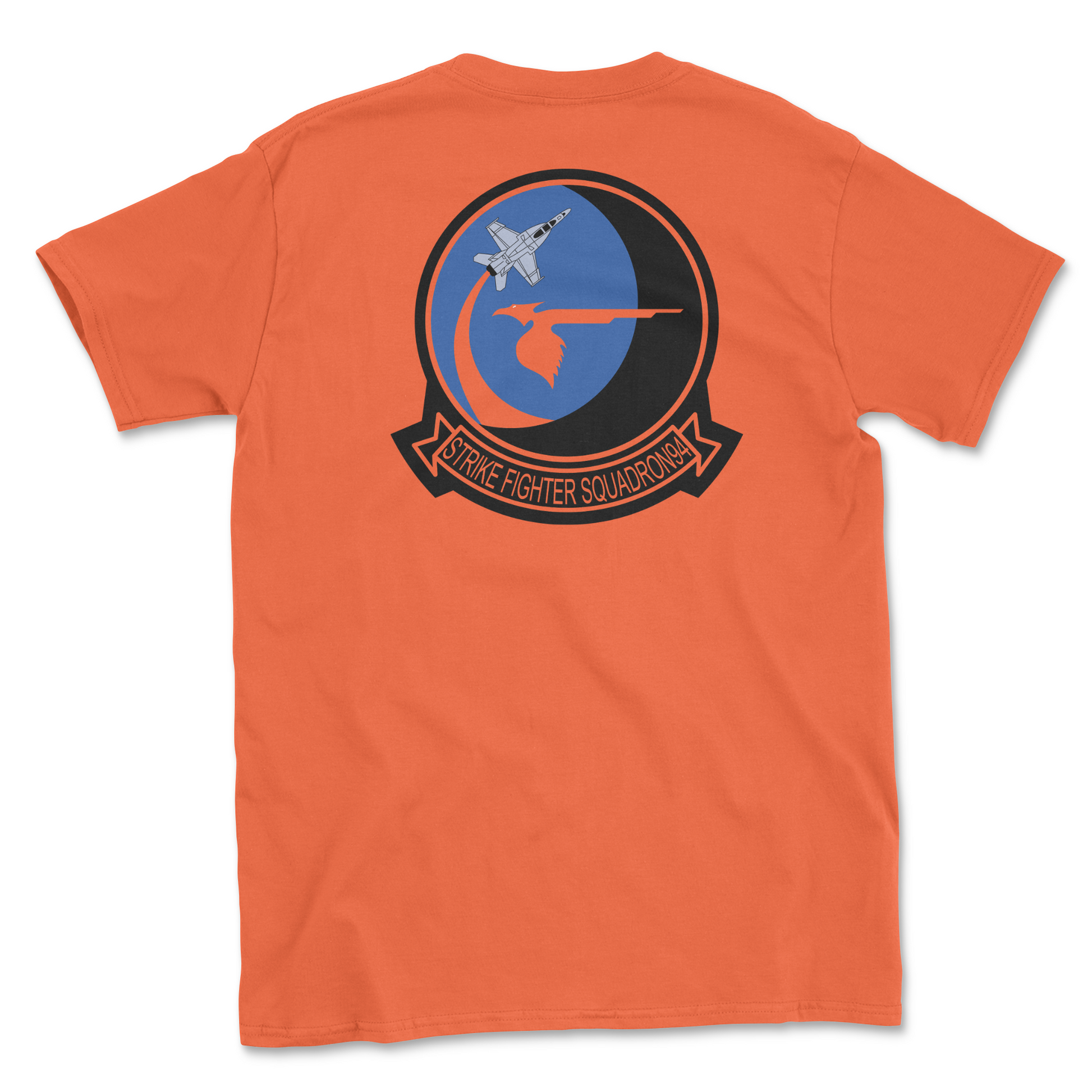 Orange t-shirt with squadron patch.