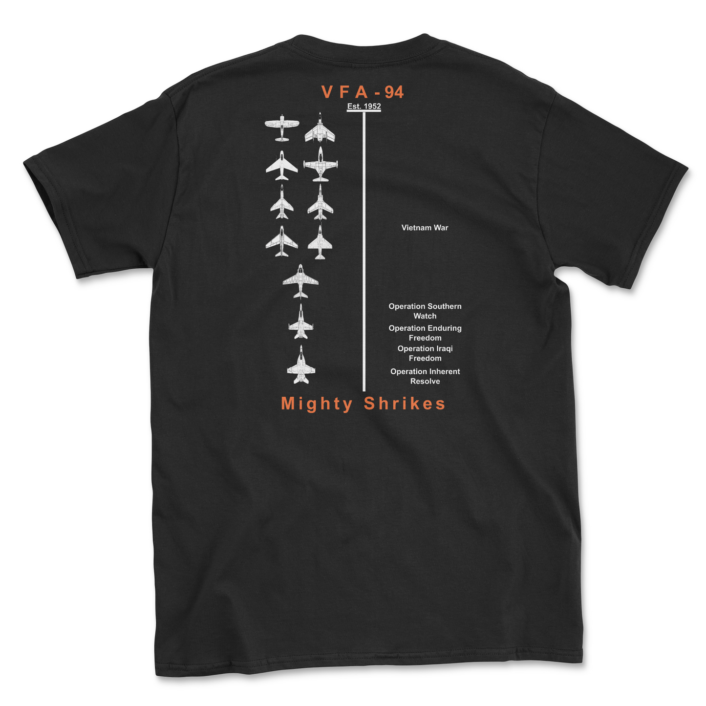 Black t-shirt with squadron aircraft and supported combat.