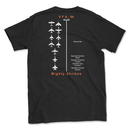 Black t-shirt with squadron aircraft and supported combat.