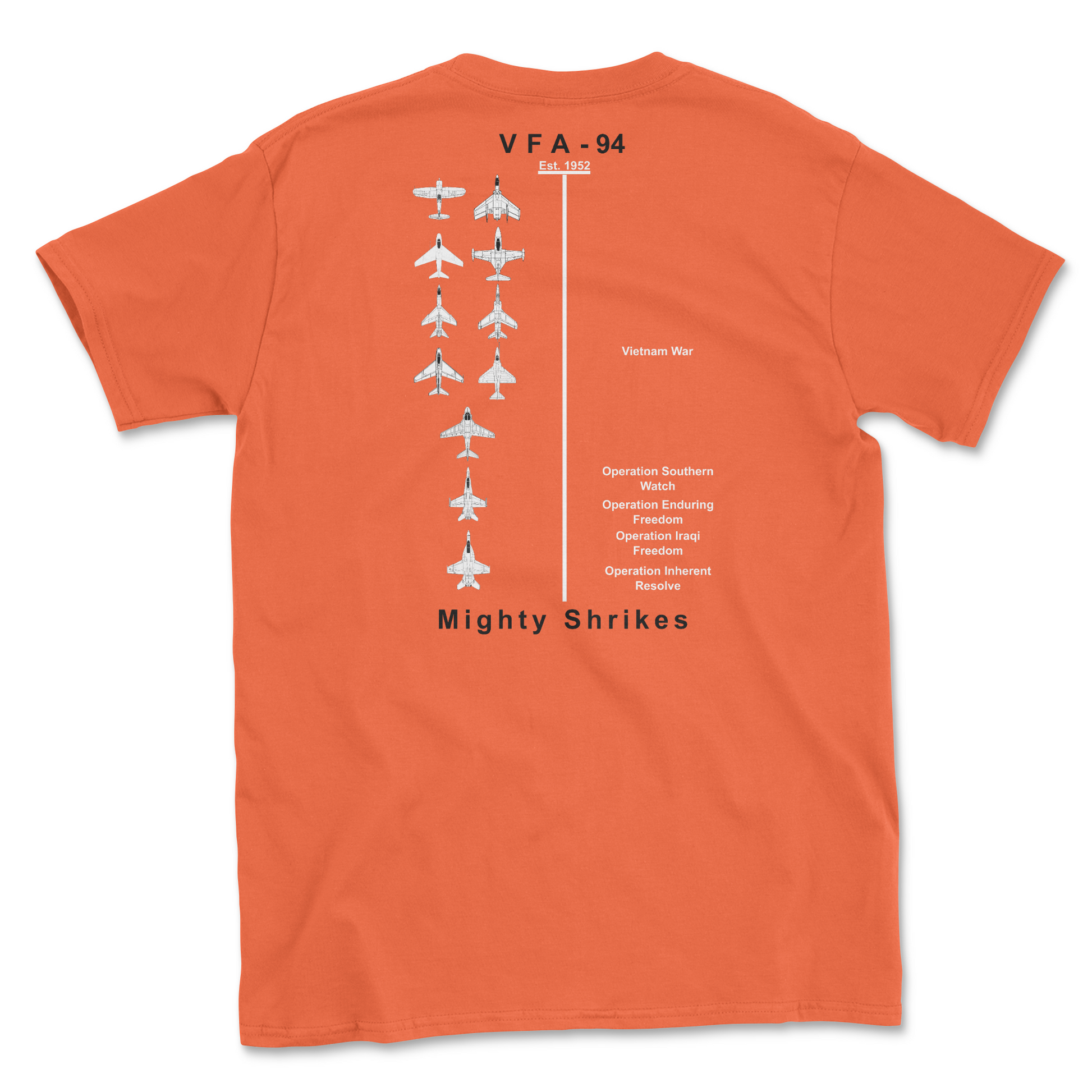 Orange t-shirt with squadron aircraft and supported combat.