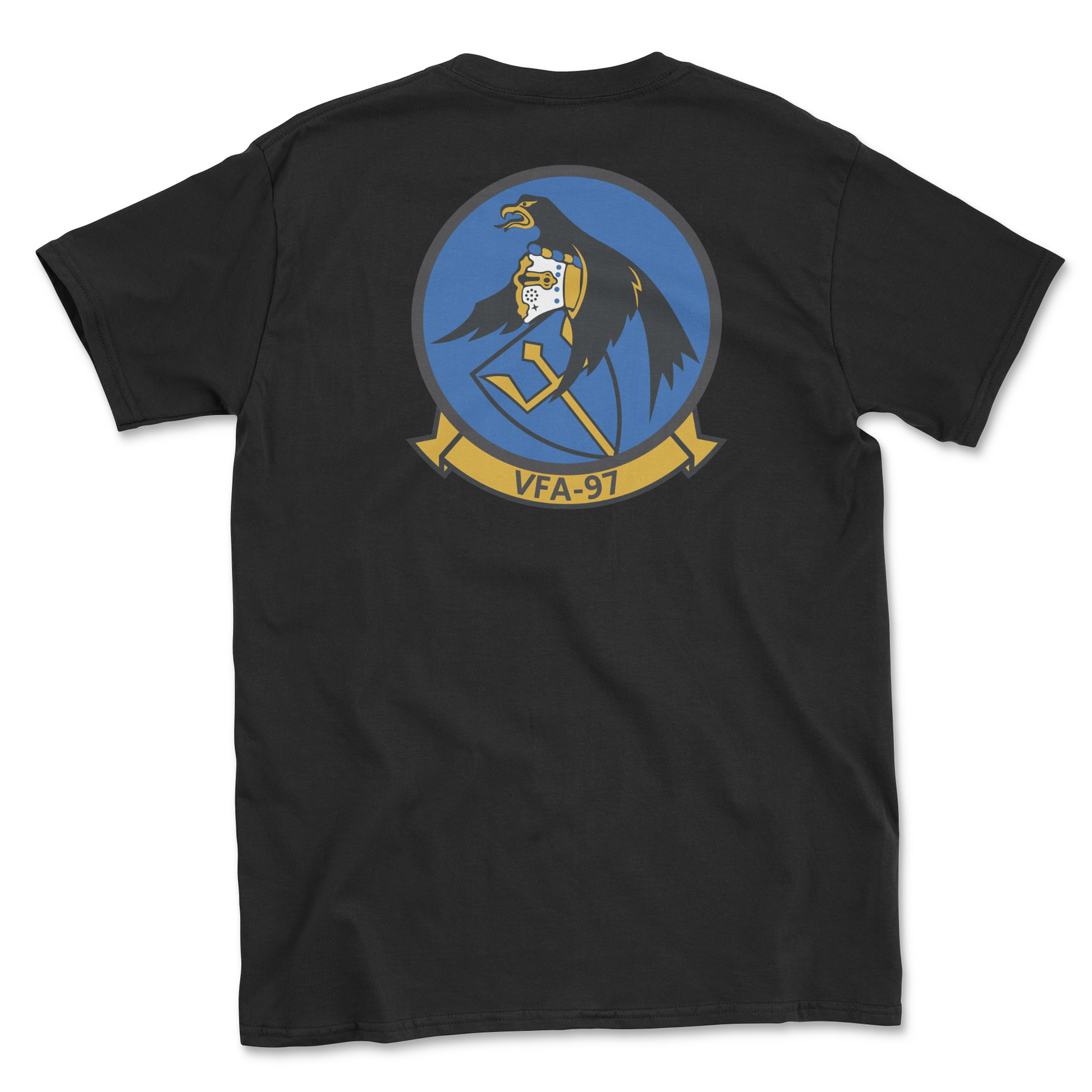 Black t-shirt with squadron patch.