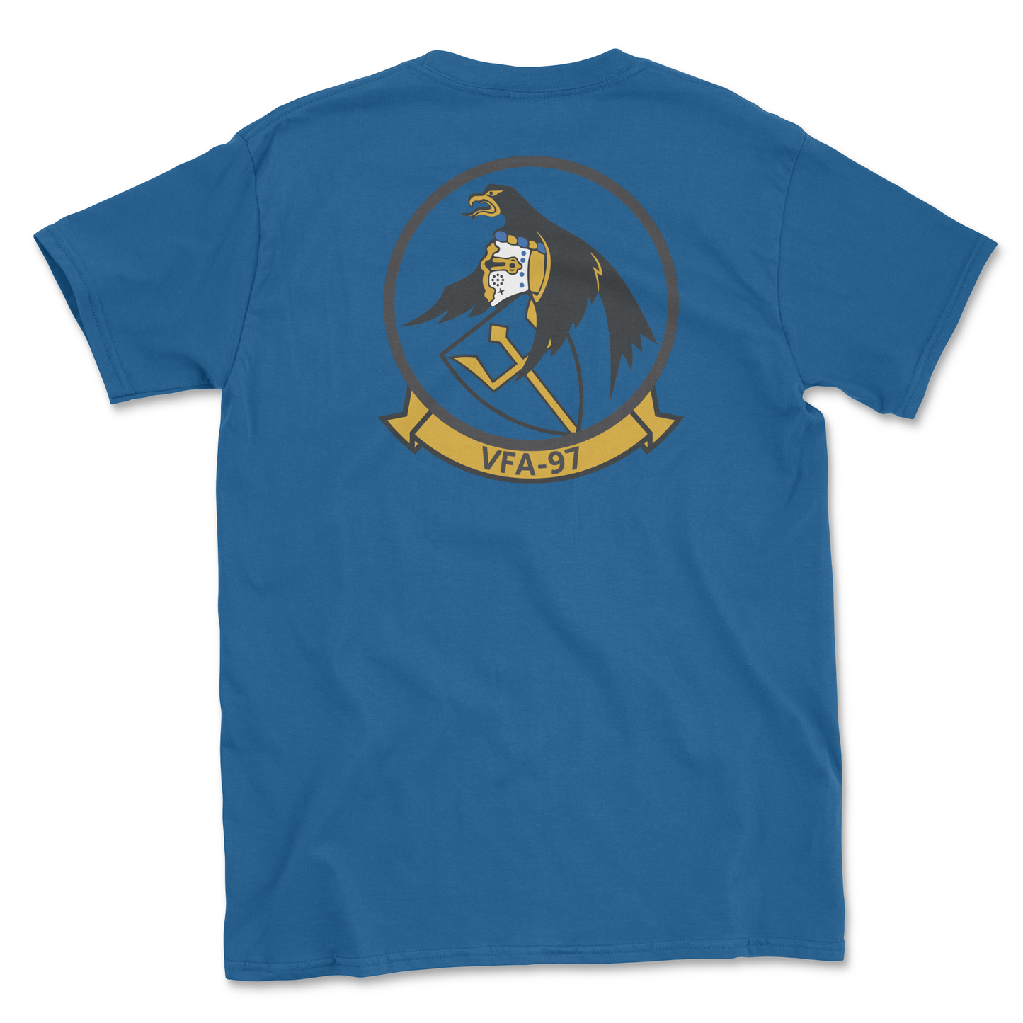 Royal blue t-shirt with squadron patch.