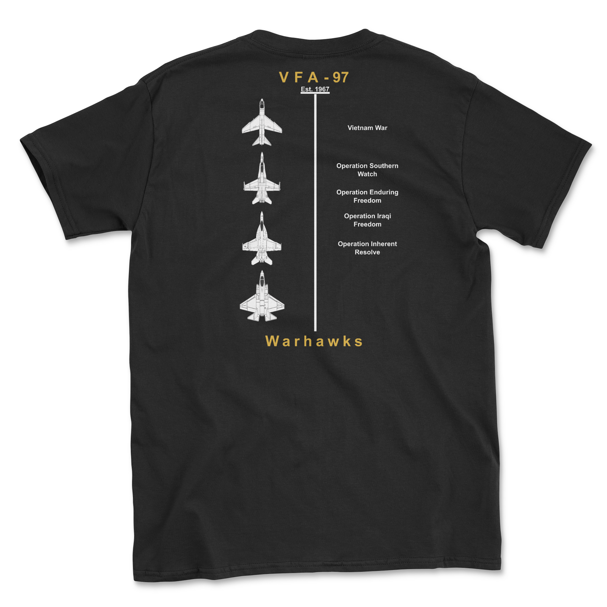 Black t-shirt with squadron aircraft and supported combat.