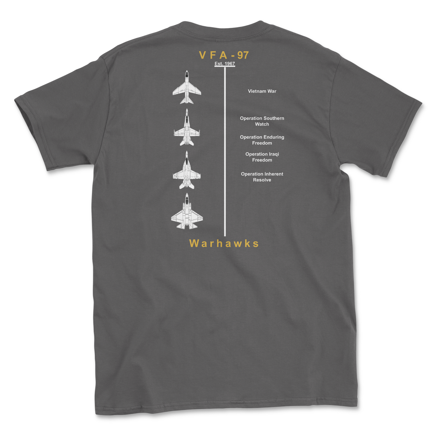 Charcoal t-shirt with squadron aircraft and supported combat.
