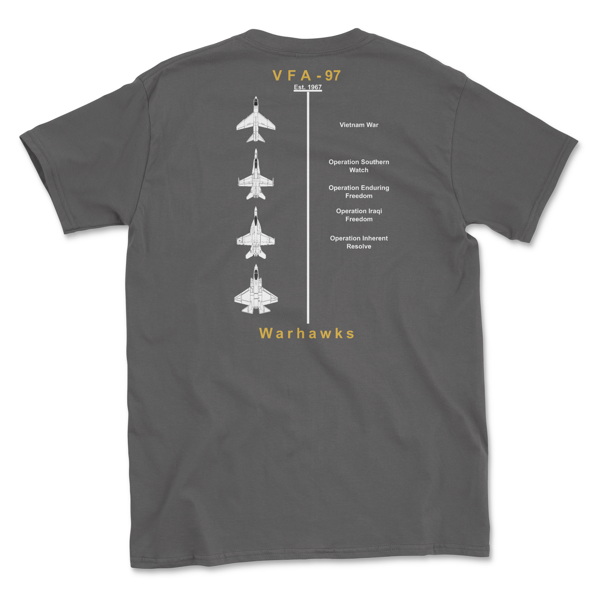 Charcoal t-shirt with squadron aircraft and supported combat.