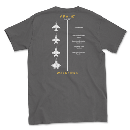 Charcoal t-shirt with squadron aircraft and supported combat.