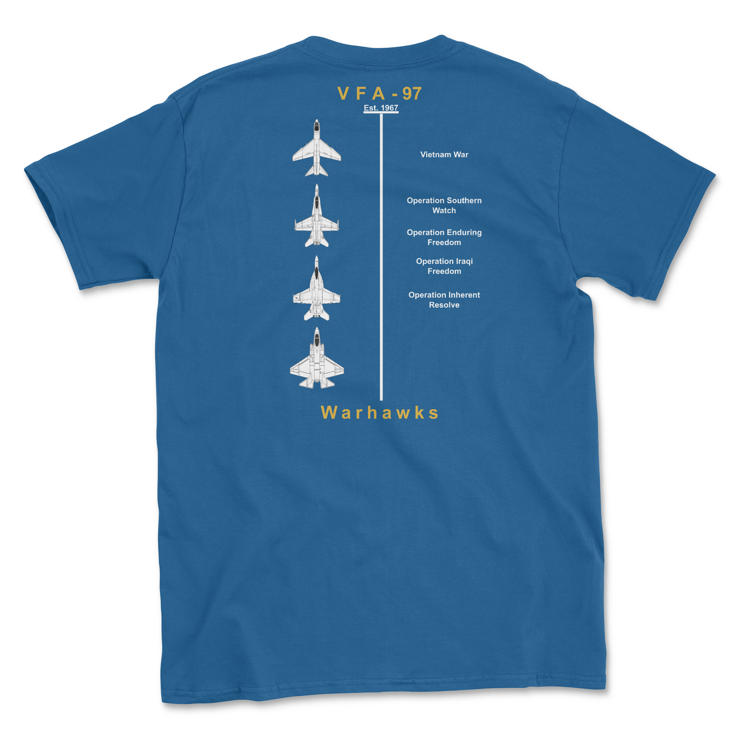 Royal blue t-shirt with squadron aircraft and supported combat.