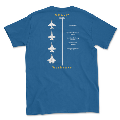 Royal blue t-shirt with squadron aircraft and supported combat.