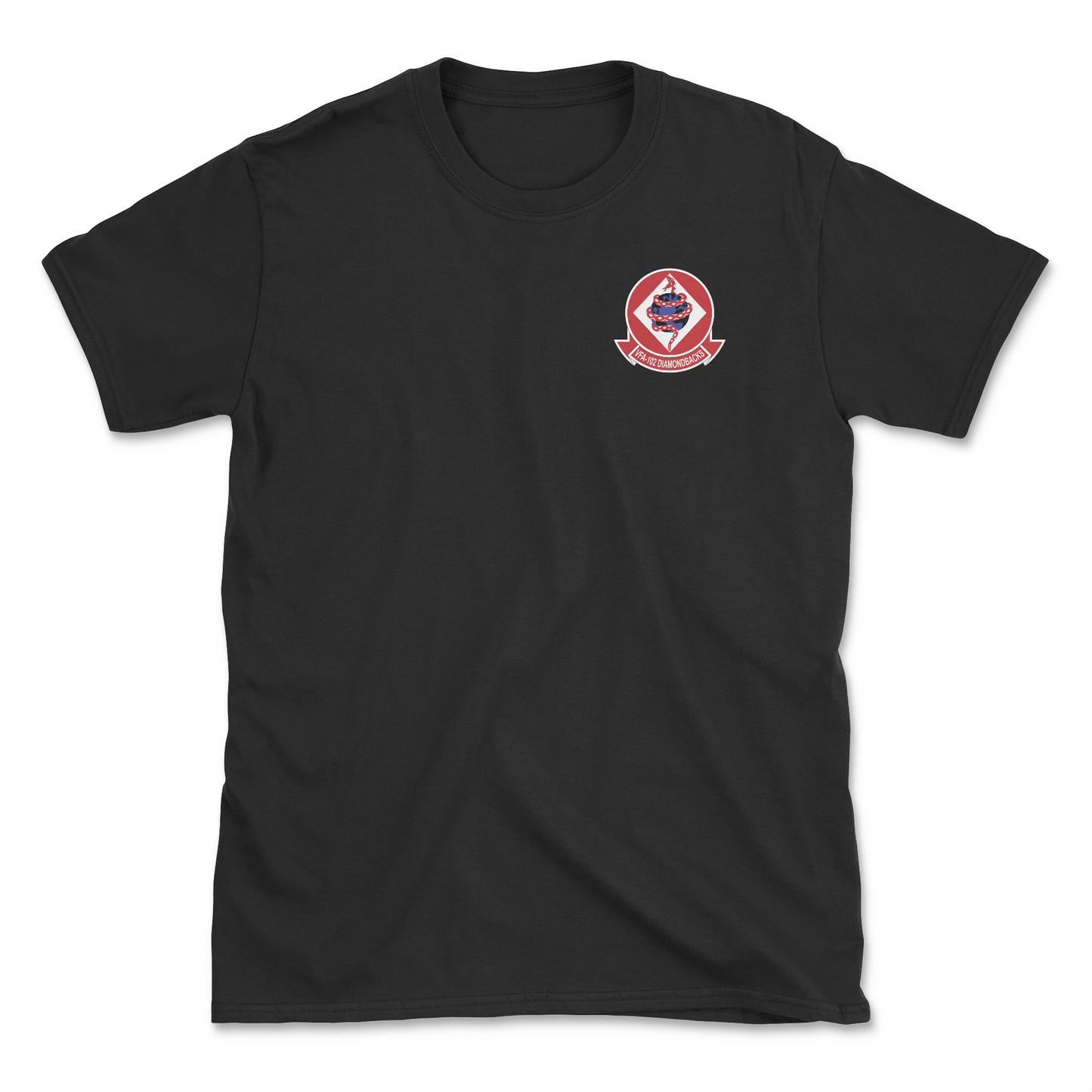 Black t-shirt with squadron patch.