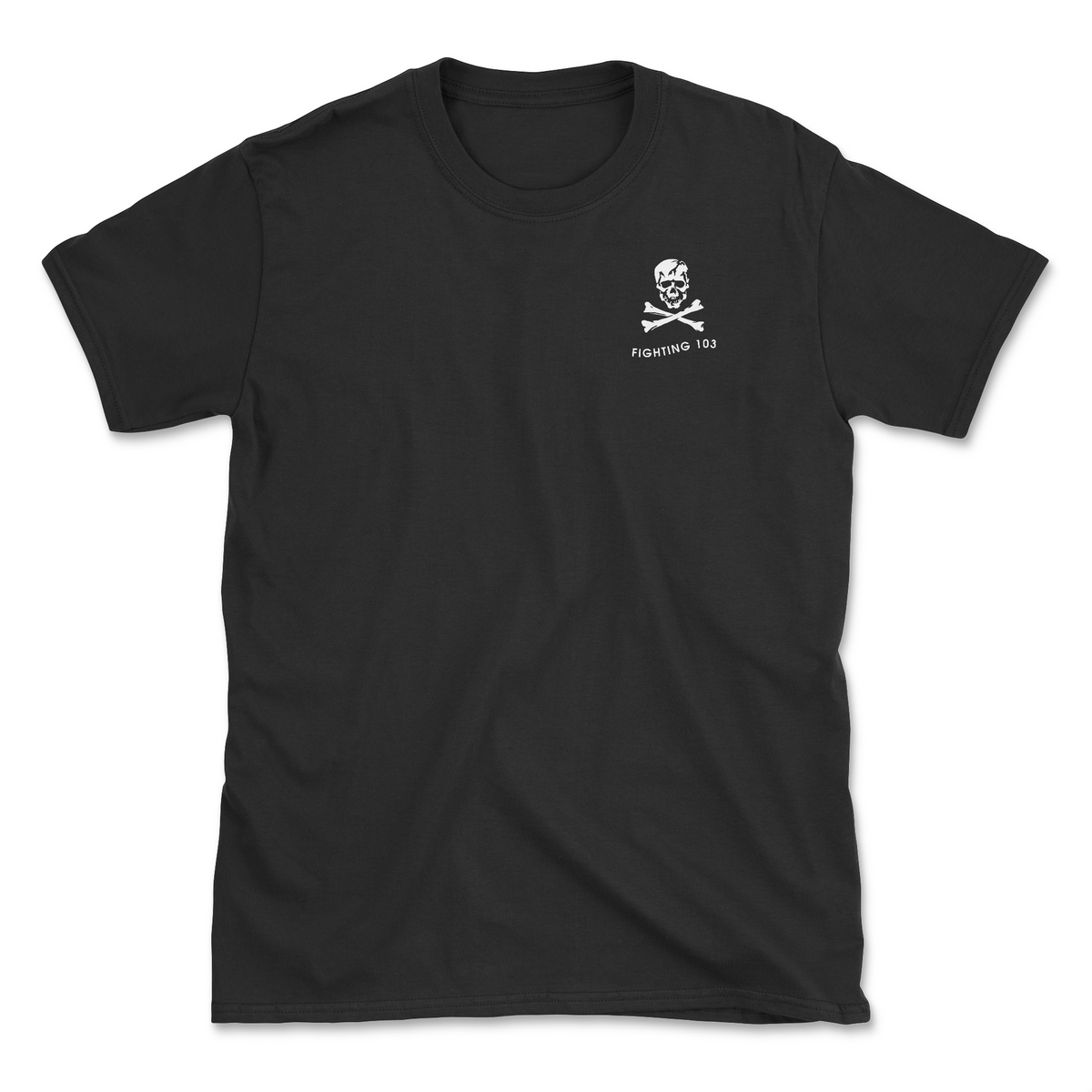 VFA-103 Jolly Rogers patch on black U.S. Navy heritage shirt