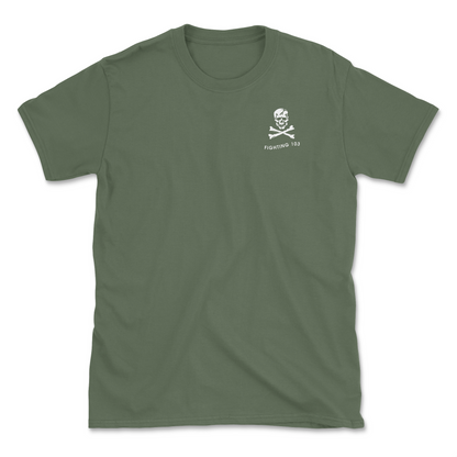 Military green t-shirt with squadron patch.