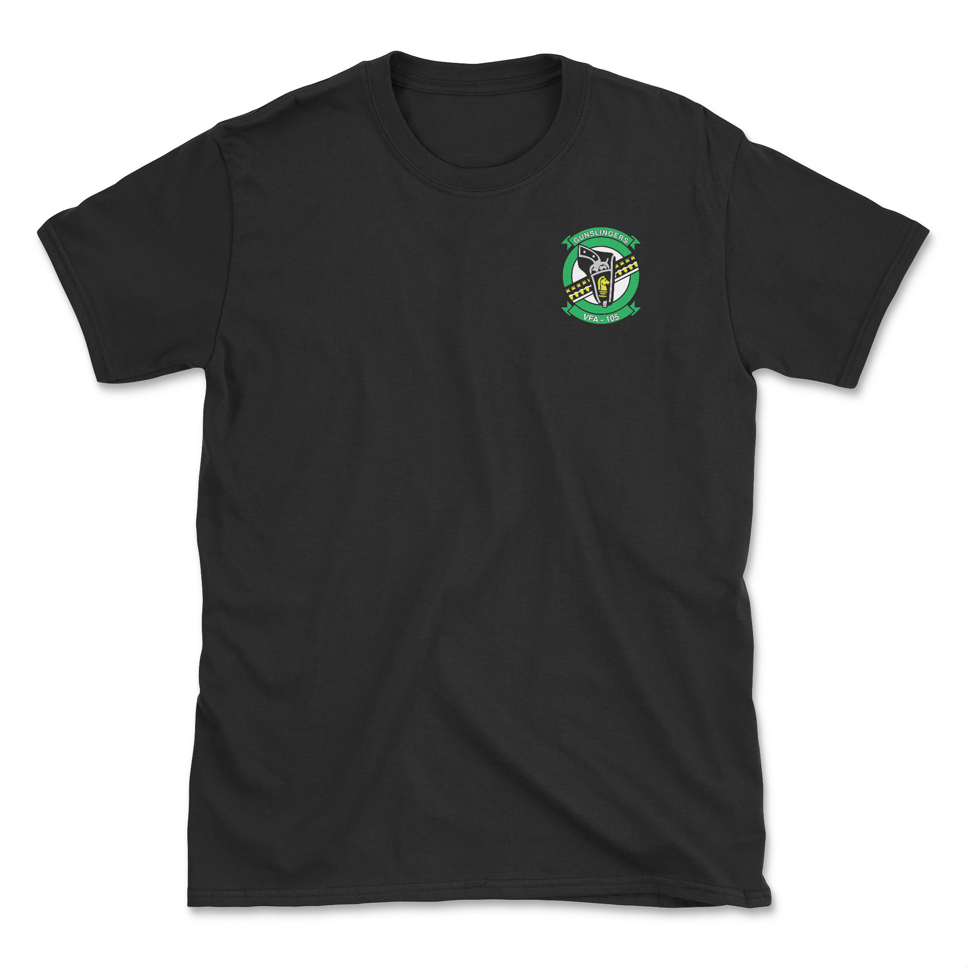 Black t-shirt with squadron patch.
