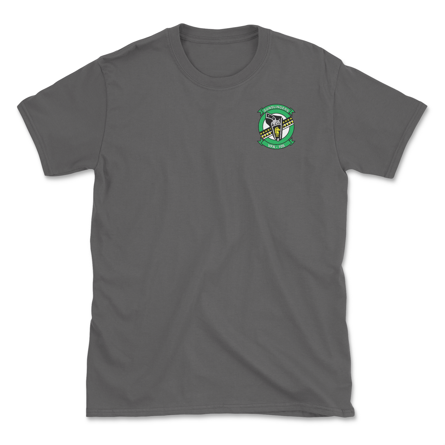 Charcoal t-shirt with squadron patch.