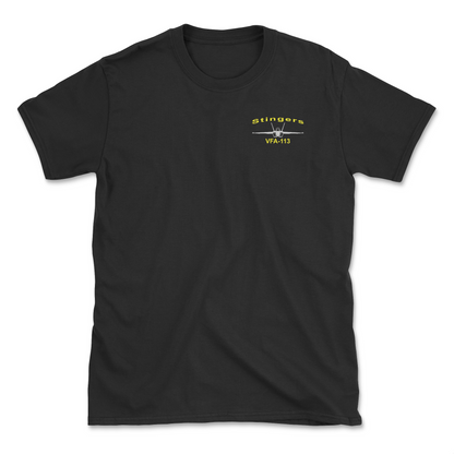 Black t-shirt with an F/A-18 aircraft and squadron name.