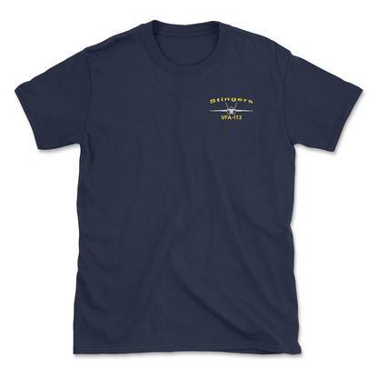 Navy blue t-shirt with an F/A-18 aircraft and squadron name.