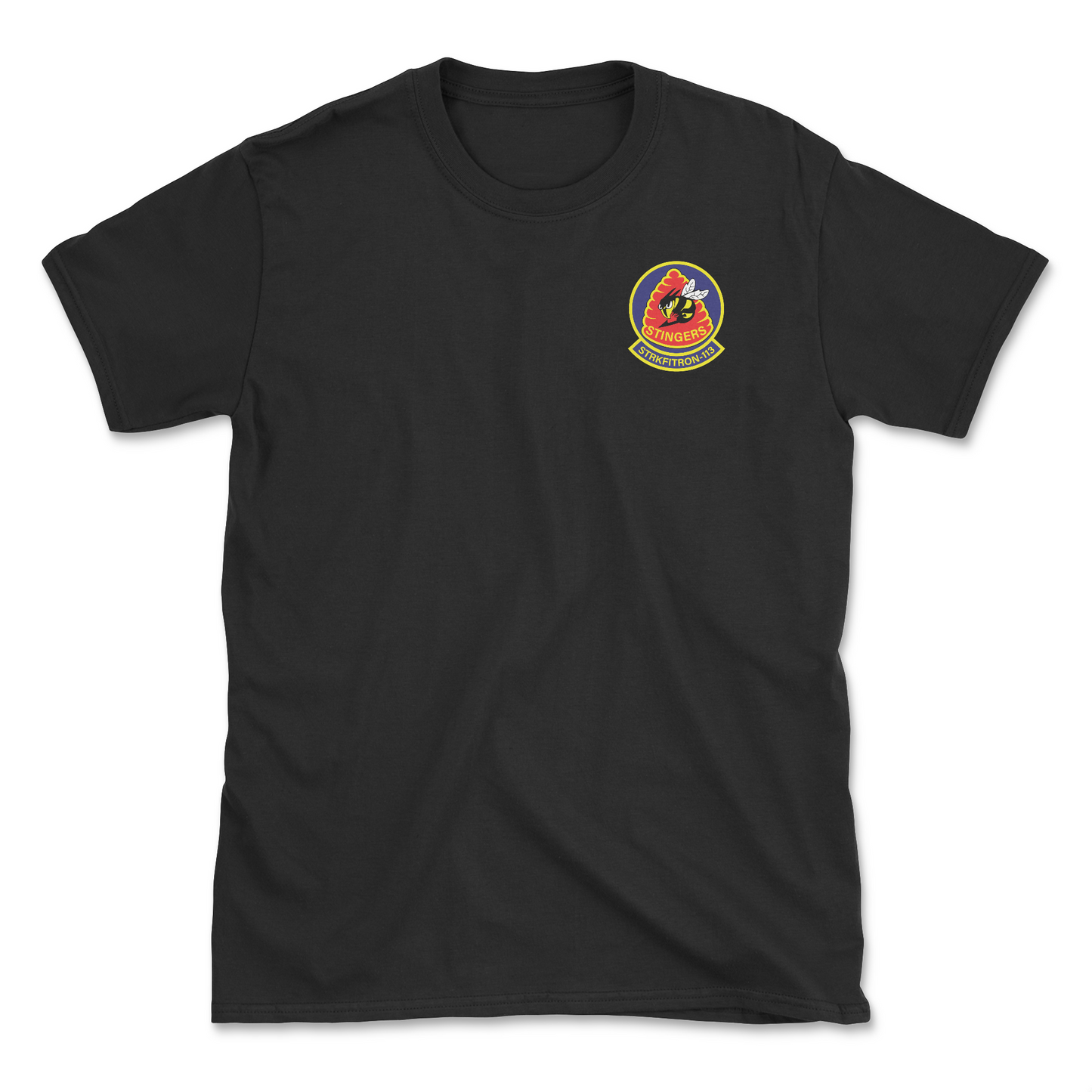 Black t-shirt with squadron patch.