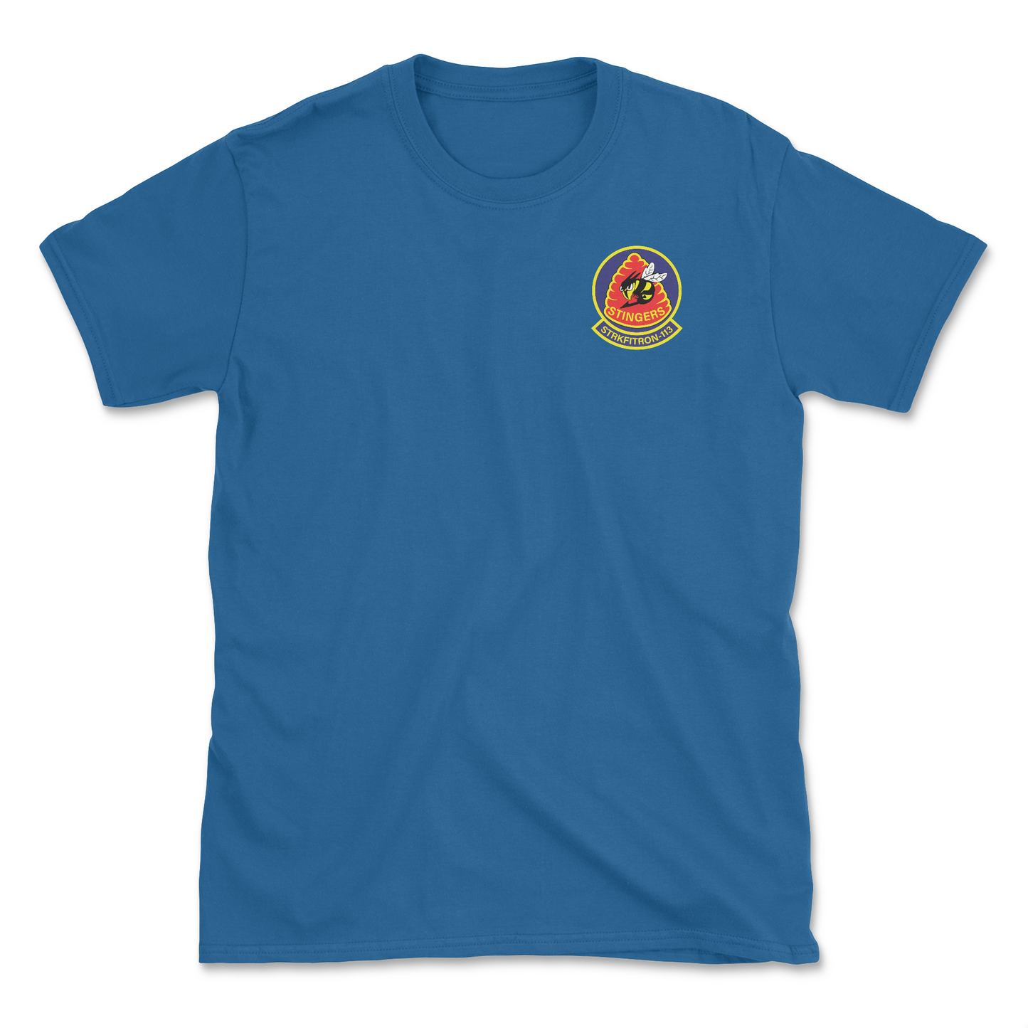Royal blue t-shirt with squadron patch.