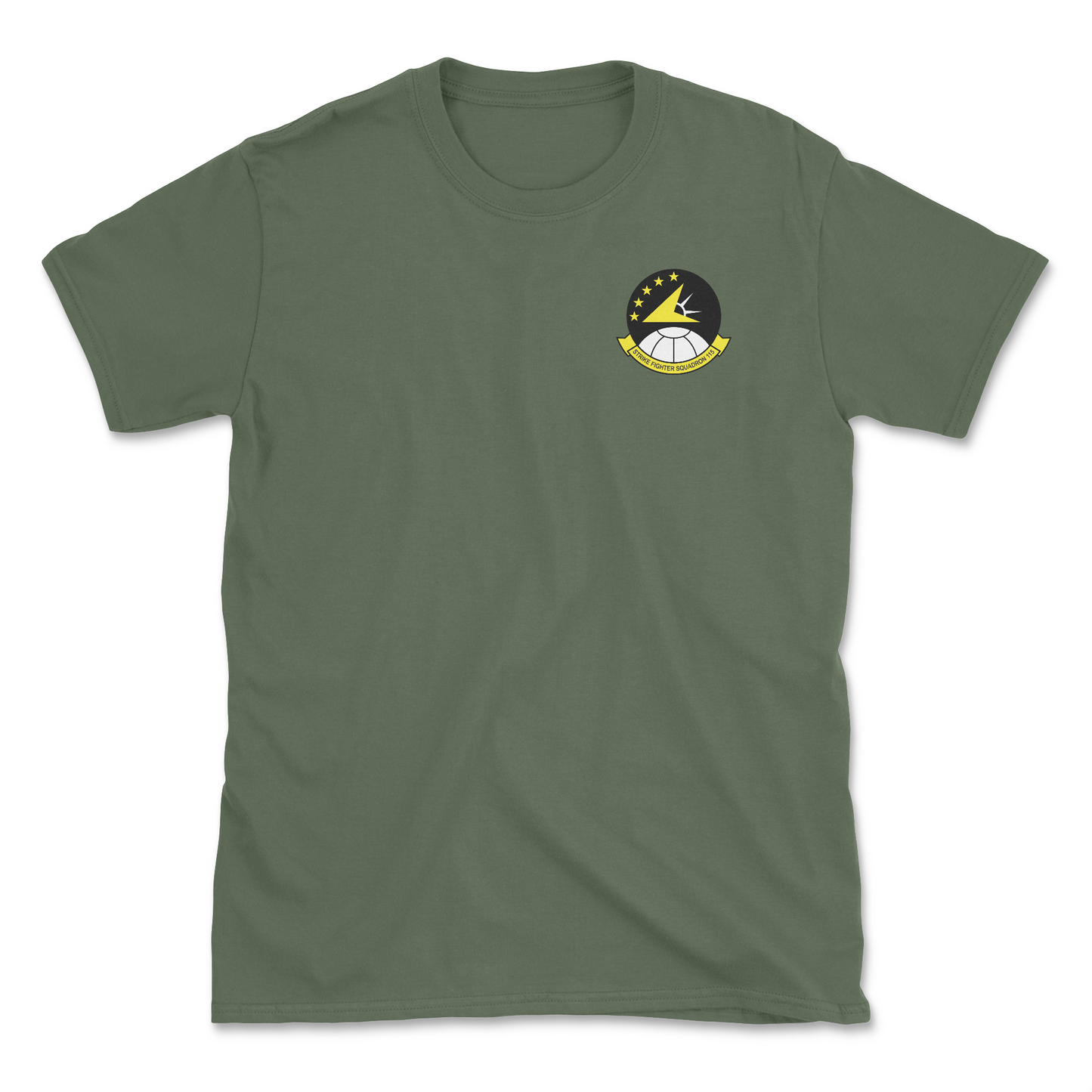 Military green t-shirt with squadron patch.