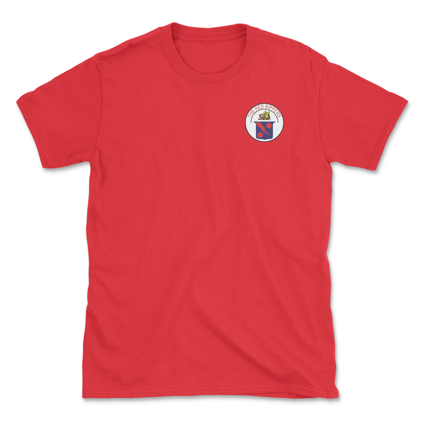 Red t-shirt with squadron patch.