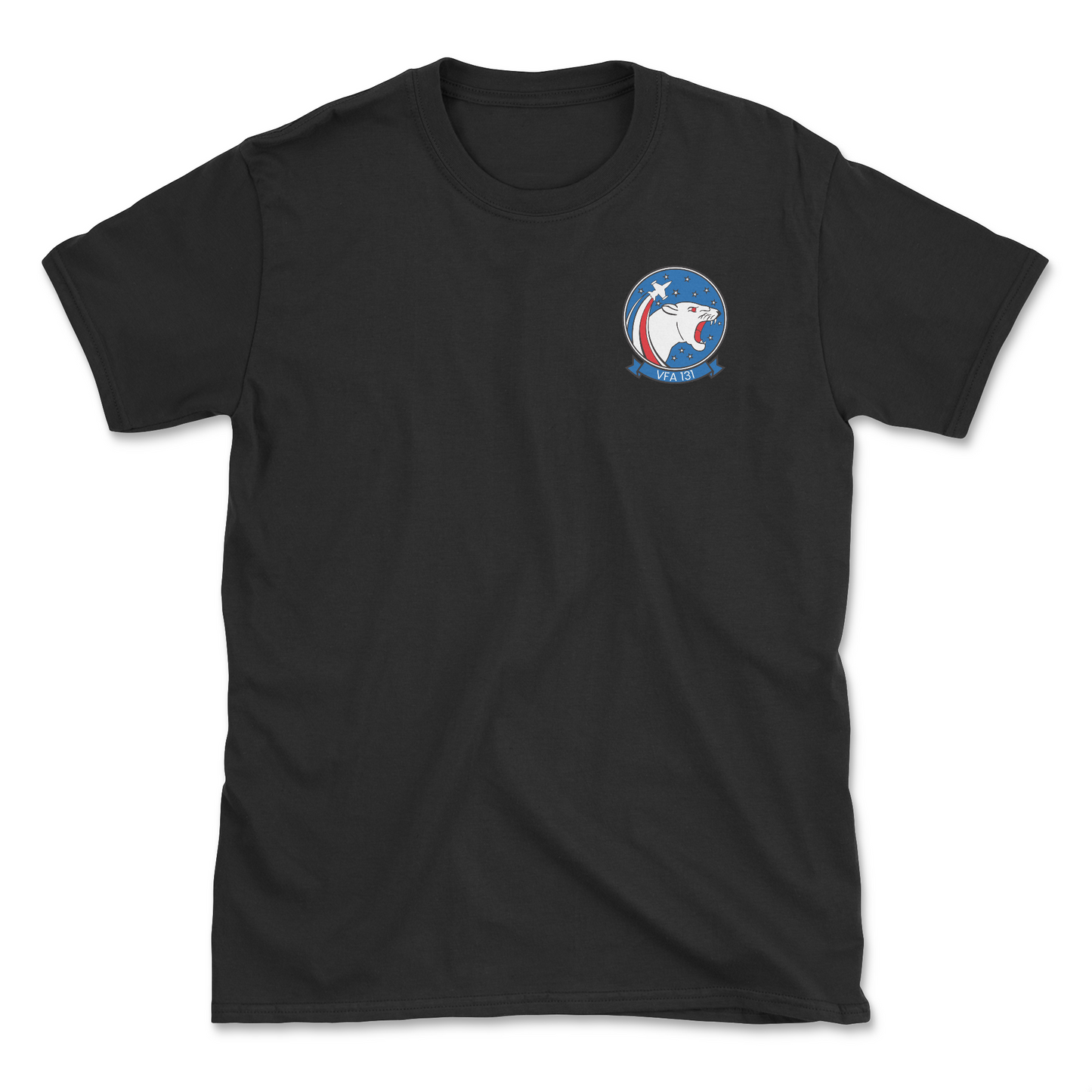 Black t-shirt with squadron patch.