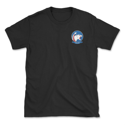 Black t-shirt with squadron patch.