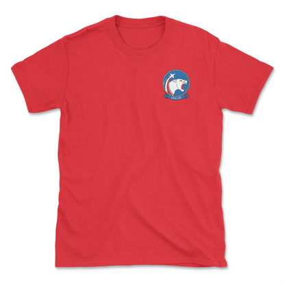 Red t-shirt with squadron patch.