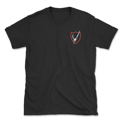 Black t-shirt with squadron patch.