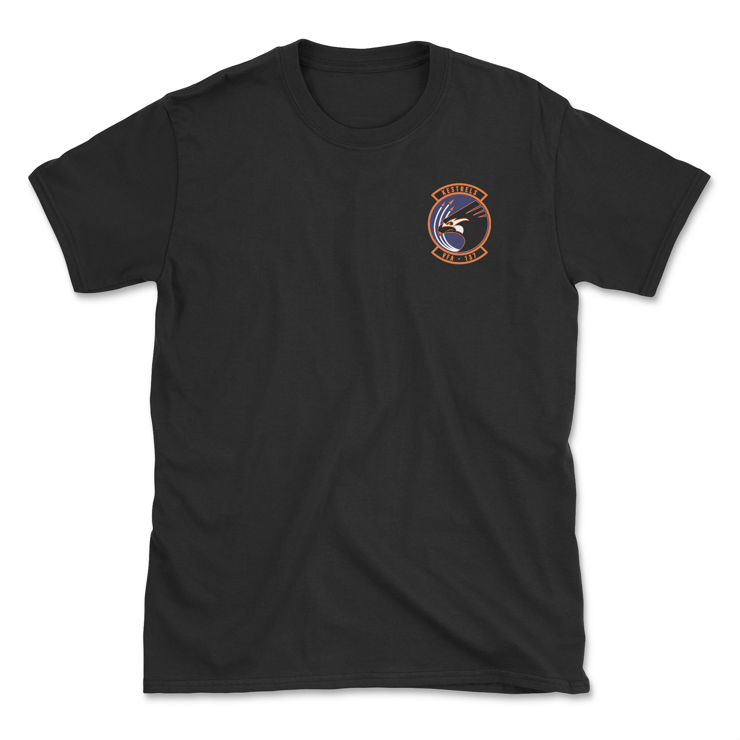 Black t-shirt with squadron patch.