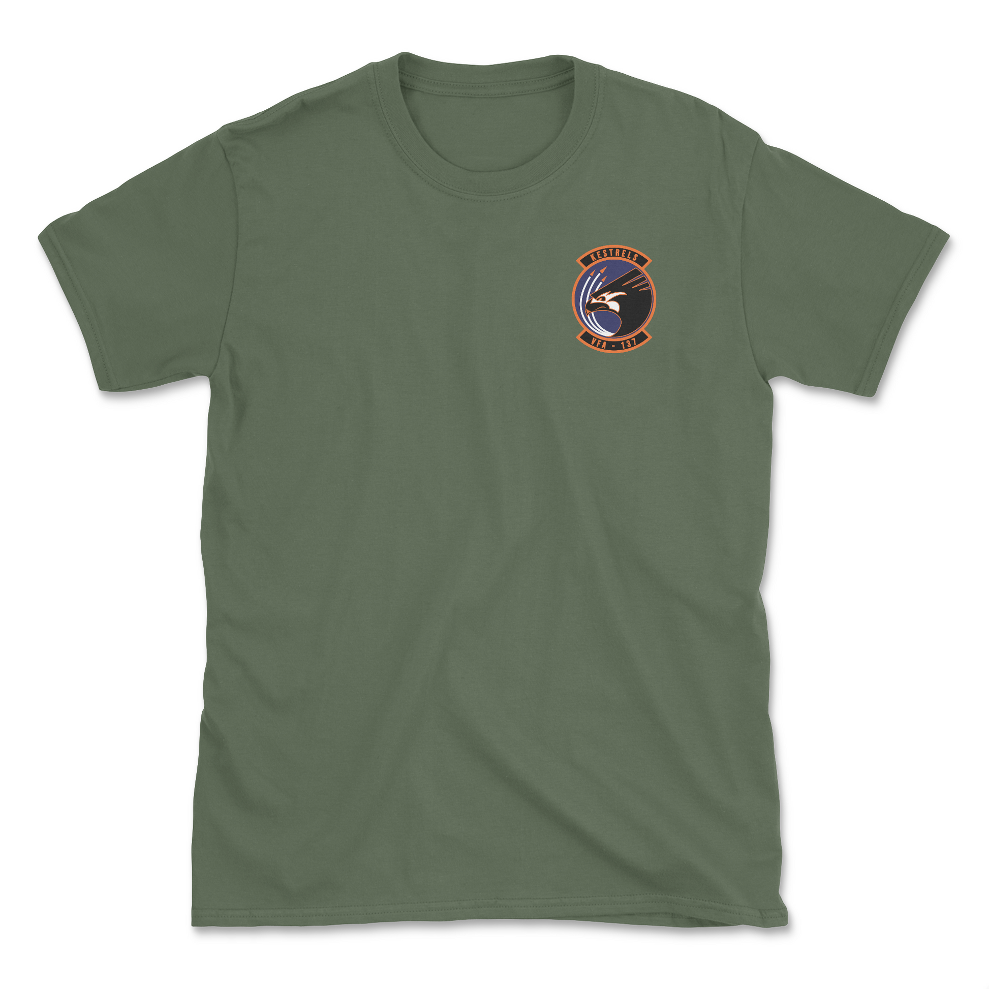 Military green t-shirt with squadron patch.