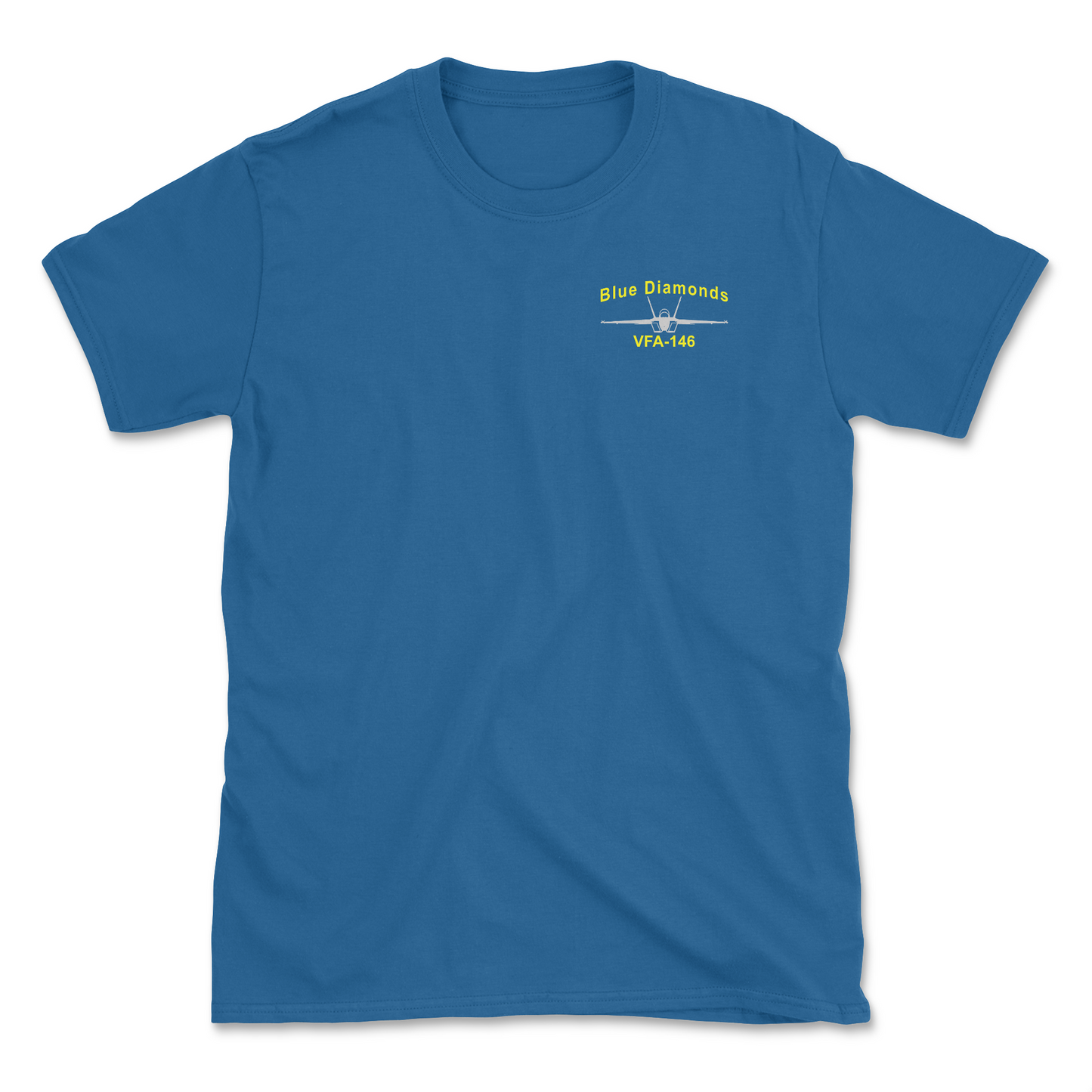 Royal blue t-shirt with an F/A-18 aircraft and squadron name.