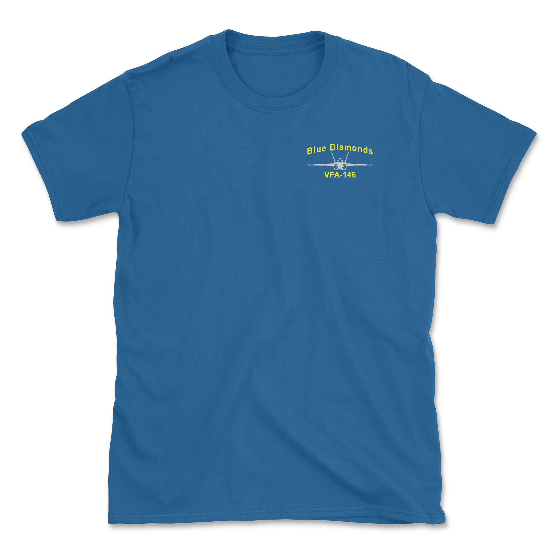 Royal blue t-shirt with an F/A-18 aircraft and squadron name.