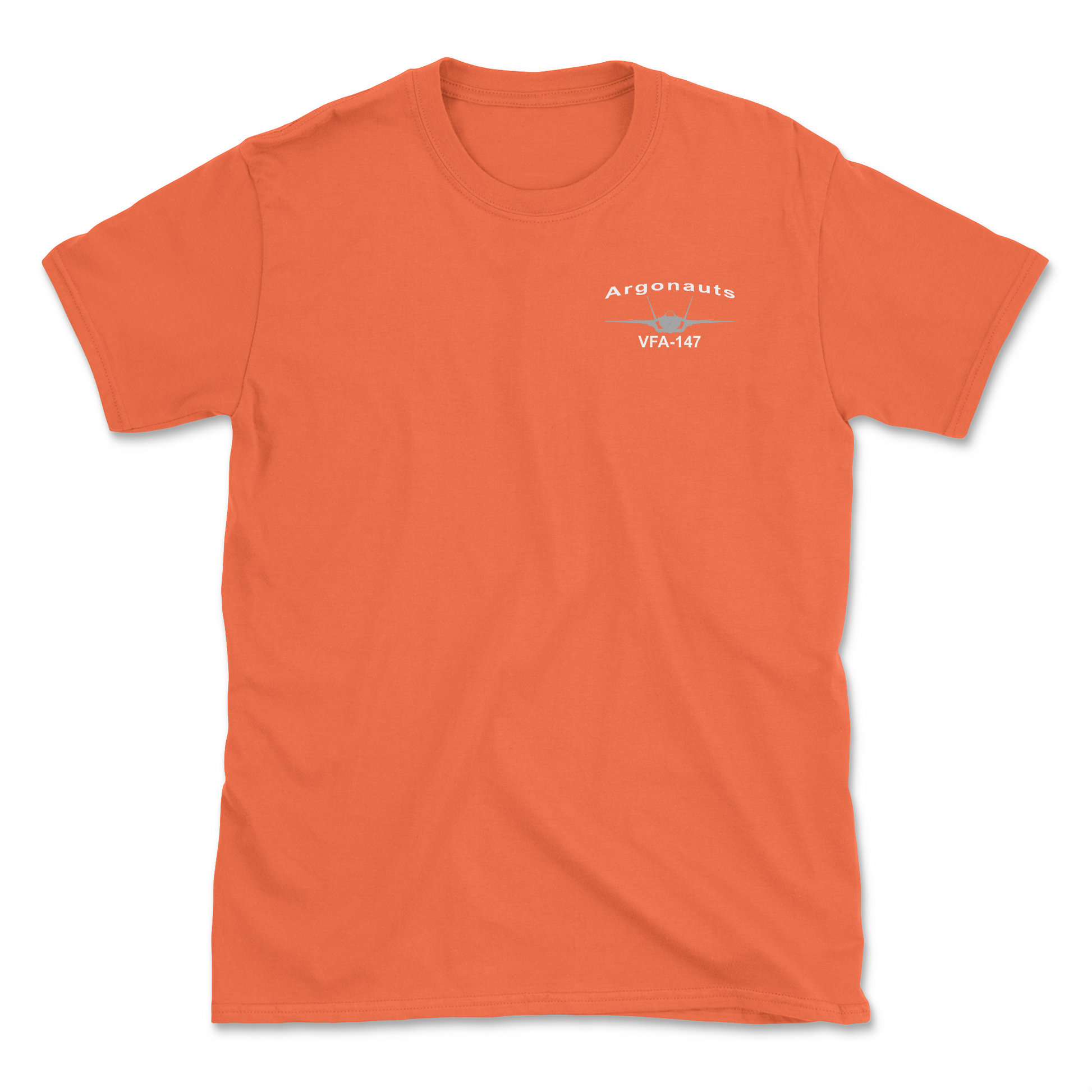 Orange t-shirt with an F-35 aircraft and squadron name.