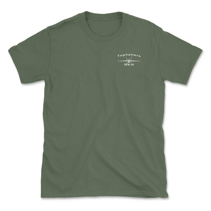 Military green t-shirt with an F/A-18 aircraft and squadron name.