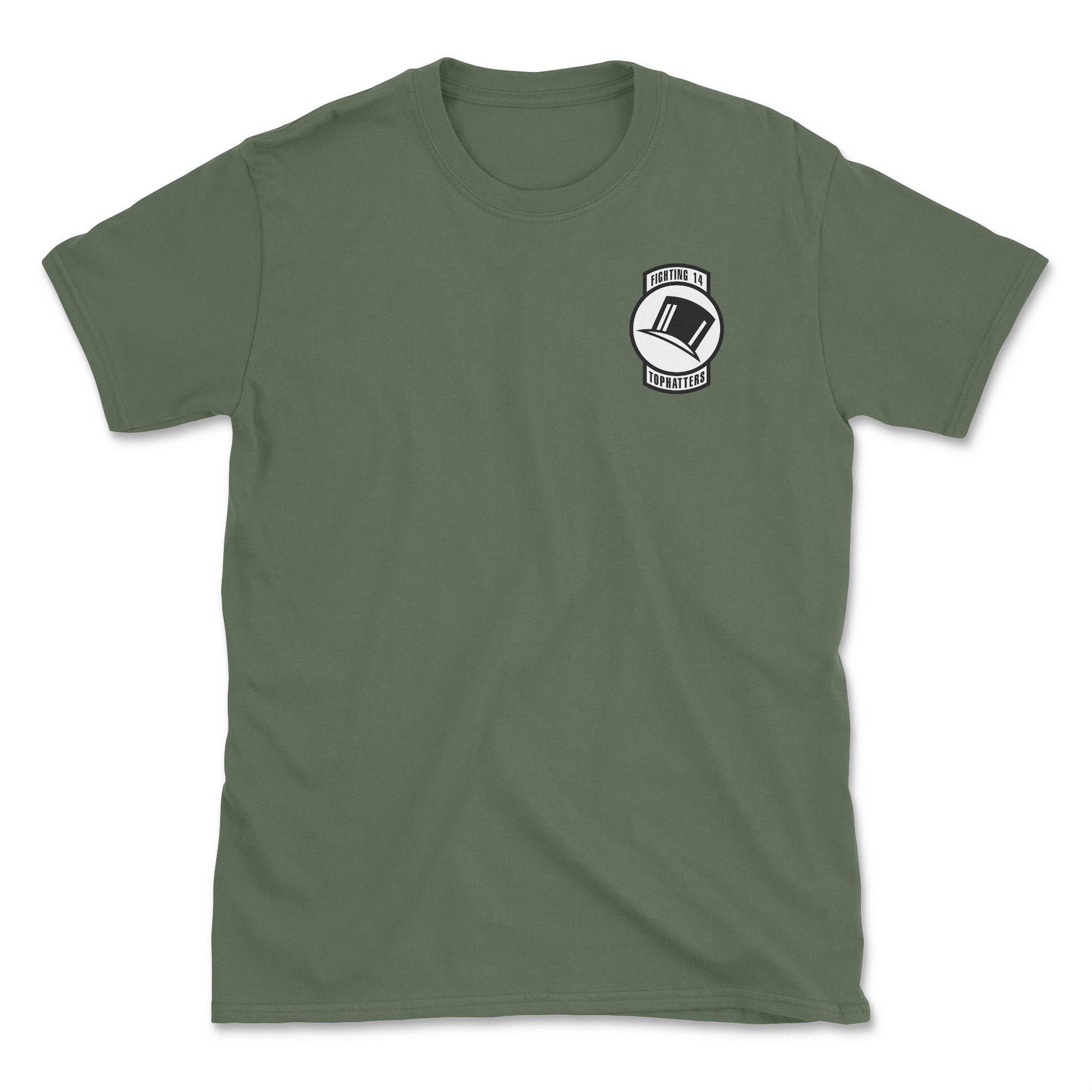 Military green t-shirt with squadron patch.