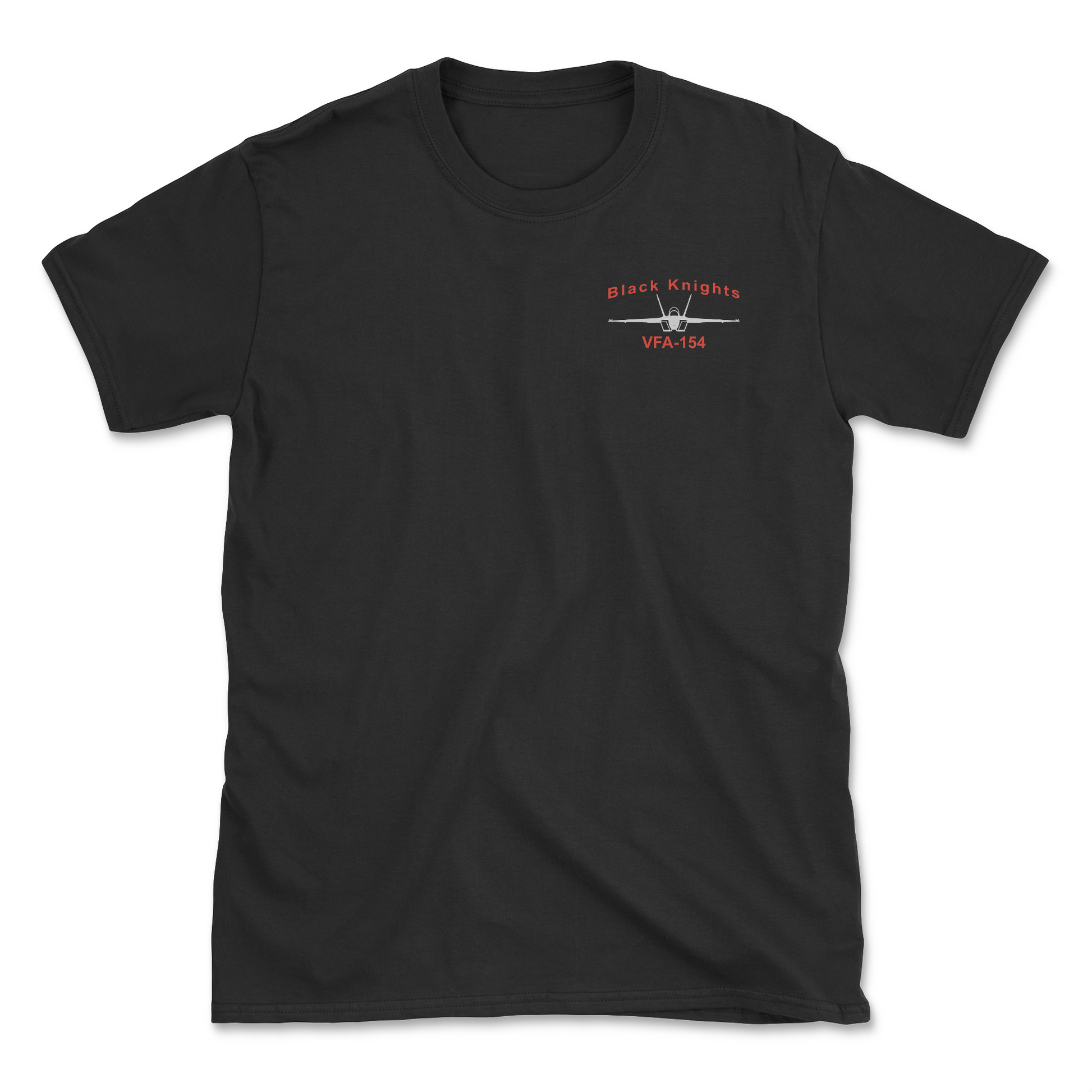 Black t-shirt with an F/A-18 aircraft and squadron name.