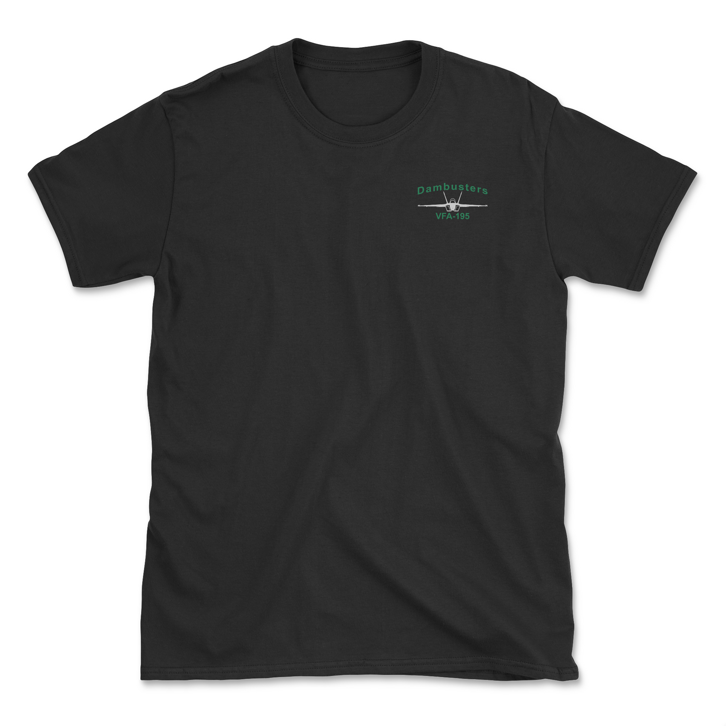 Black t-shirt with an F/A-18 aircraft and squadron name.