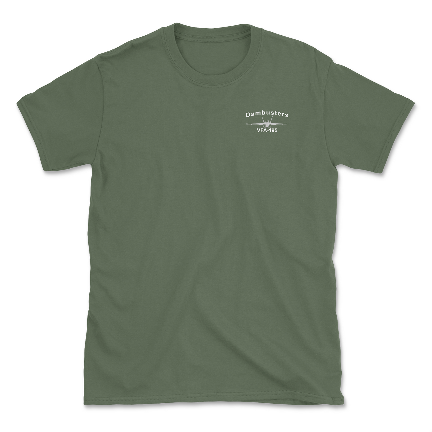 Military green t-shirt with an F/A-18 aircraft and squadron name.
