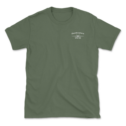 Military green t-shirt with an F/A-18 aircraft and squadron name.