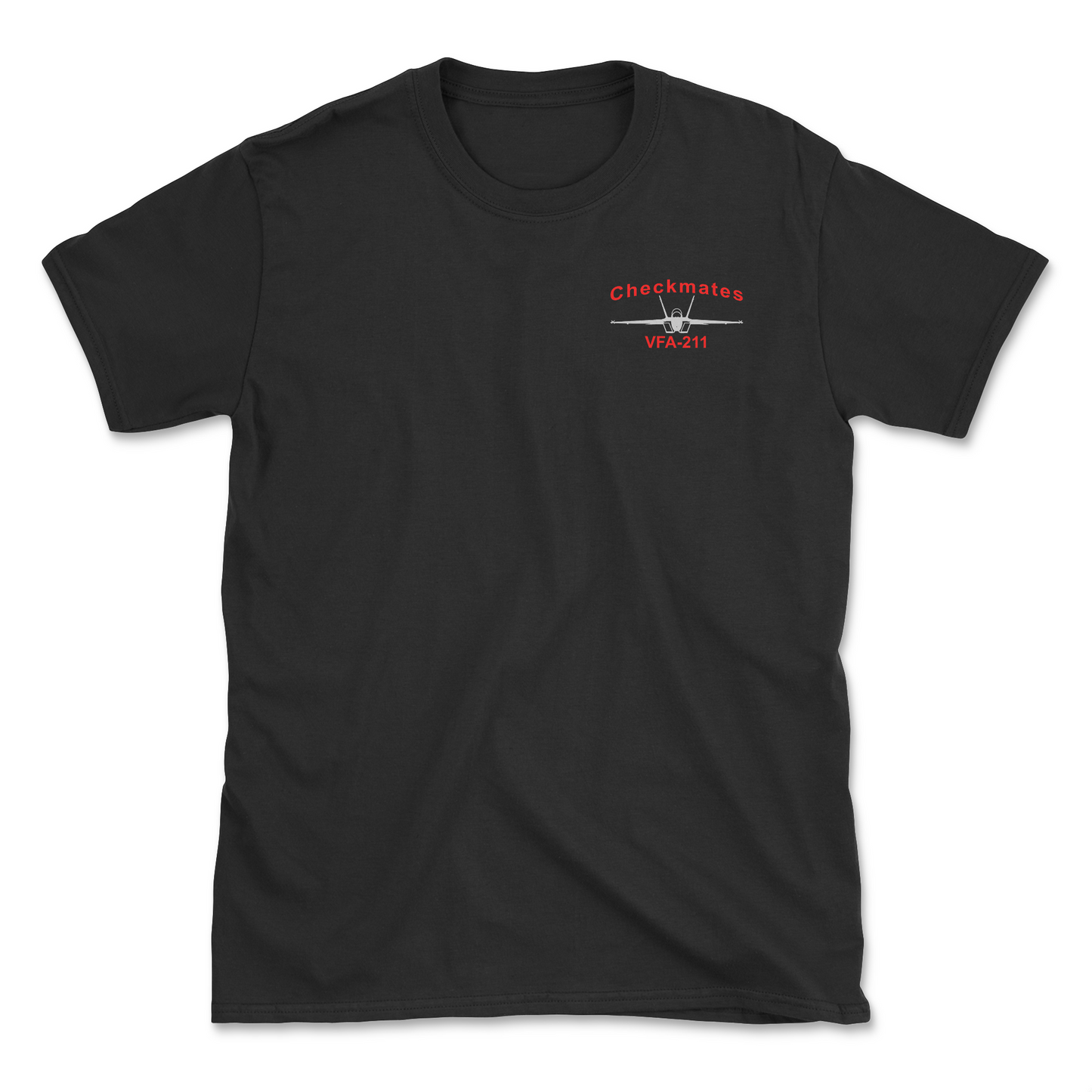 Black t-shirt with an F/A-18 aircraft and squadron name.