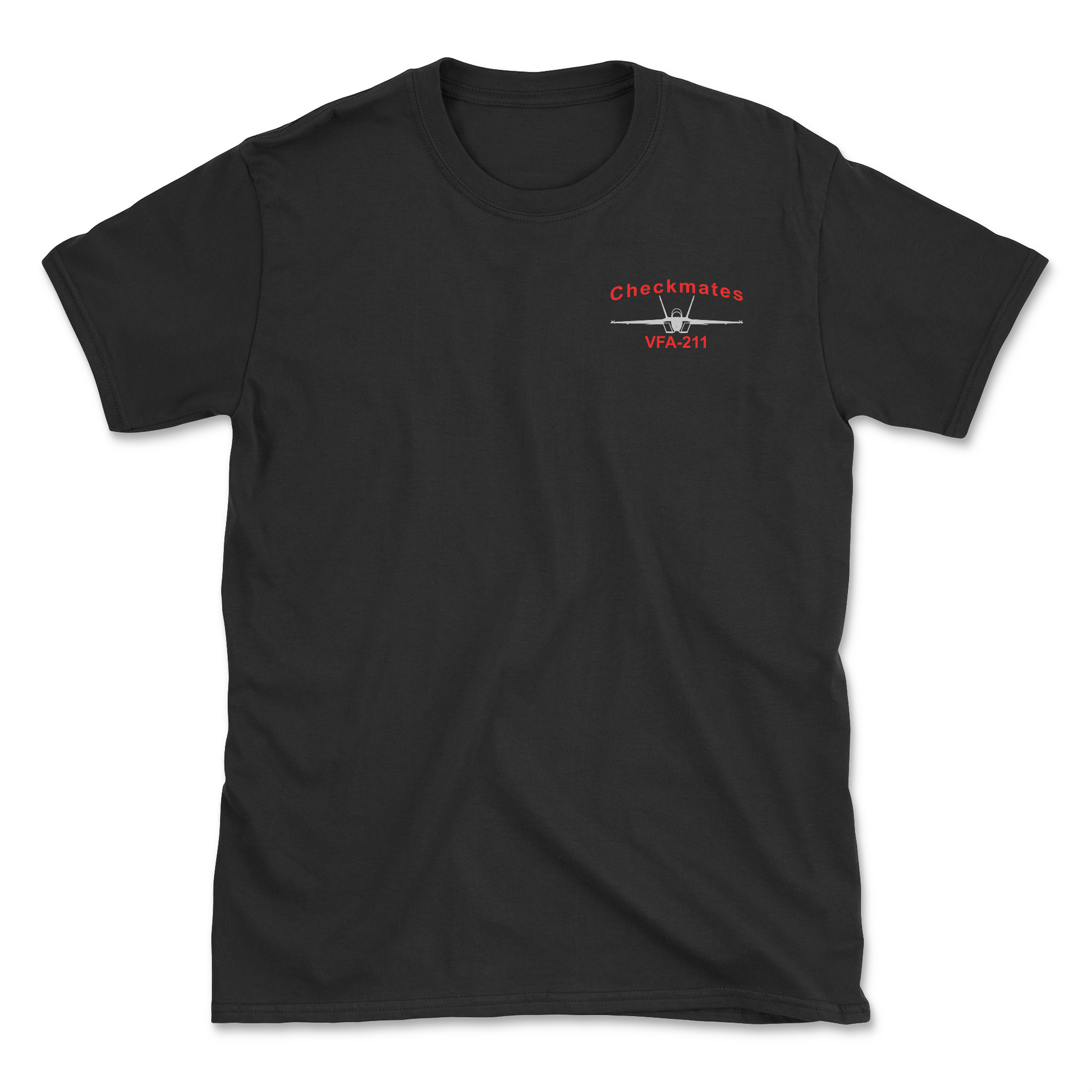 Black t-shirt with an F/A-18 aircraft and squadron name.