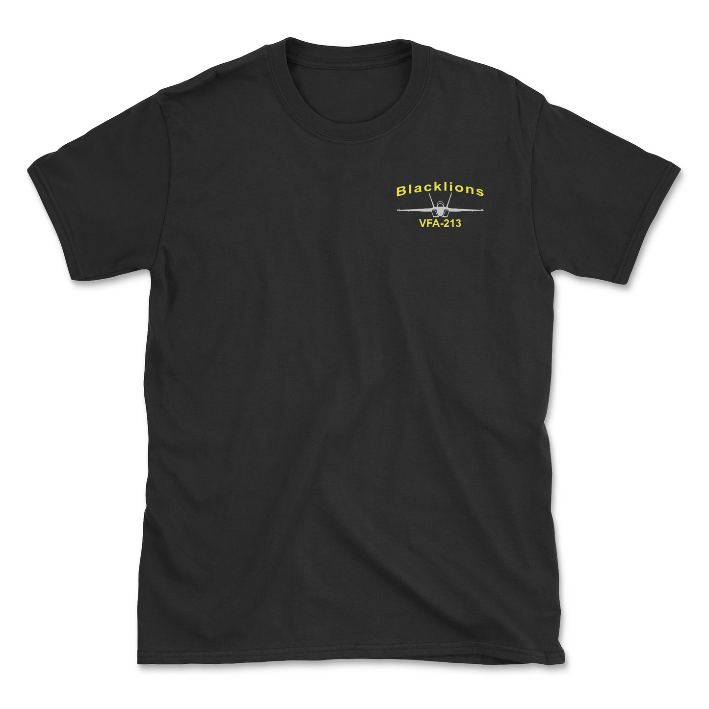 Black t-shirt with an F/A-18 aircraft and squadron name.