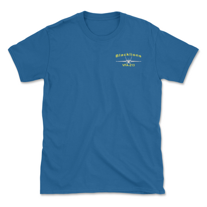 Royal blue t-shirt with an F/A-18 aircraft and squadron name.