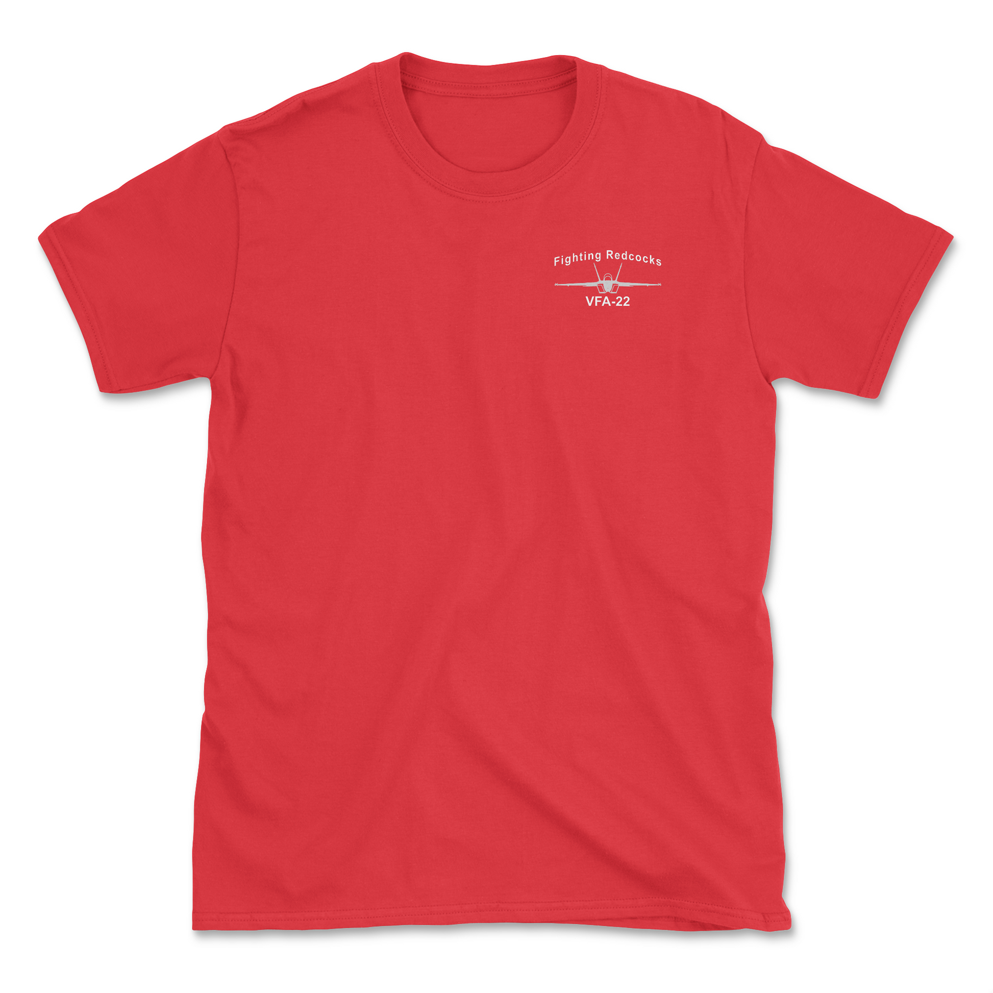 Red t-shirt with an F/A-18 aircraft and squadron name.