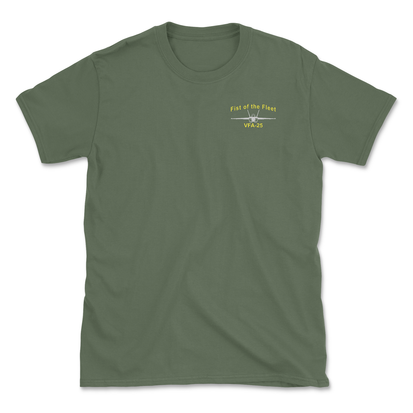 Military green t-shirt with an F/A-18 aircraft and squadron name.