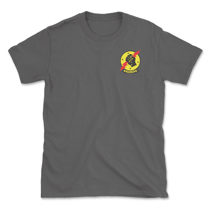 Charcoal t-shirt with squadron patch.