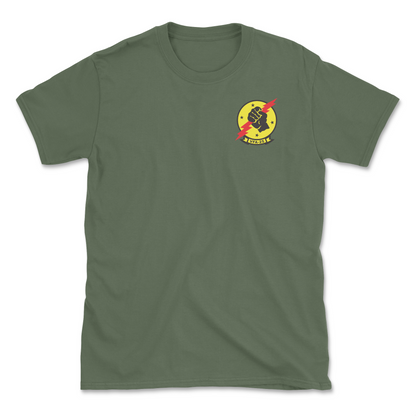 Military green t-shirt with squadron patch.