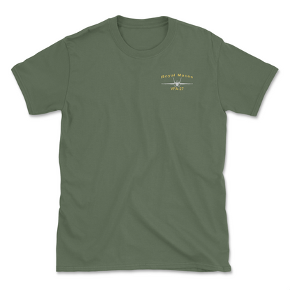 Military green t-shirt with an F/A-18 aircraft and squadron name.
